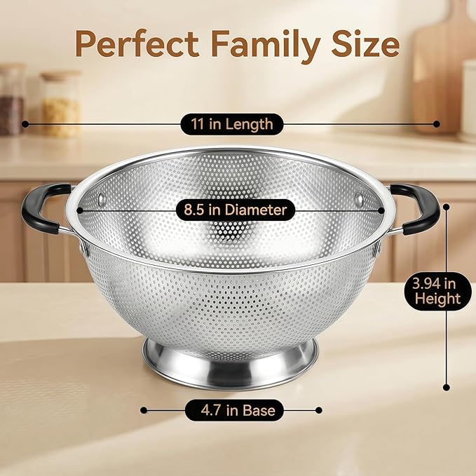304 Stainless Steel Colander, 3 Quart Micro-Perforated Strainer with Heavy Duty Plastic Handles - Fast Draining Metal Basket for Rinsing Rice, Washing Vegetables, Draining Pasta - Dishwasher Safe - Image 2