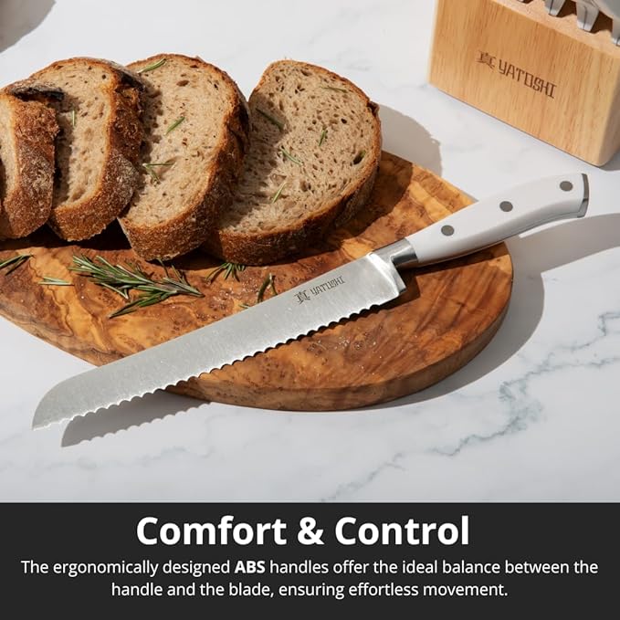 Yatoshi 15 Piece White Knife Block Set - Pro Kitchen Knife Set Ultra Sharp High Carbon Stainless Steel with Ergonomic Handle - Image 4