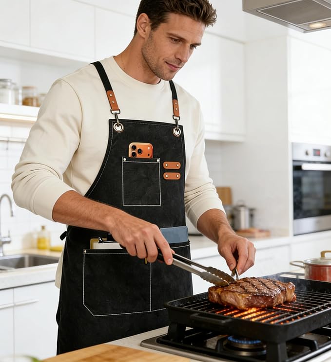 AFUN Chef Aprons for Men Women with Oversized Pockets, 16-Ounce Cotton Canvas Cross Back Heavy Duty Work Apron (Black) - Image 6