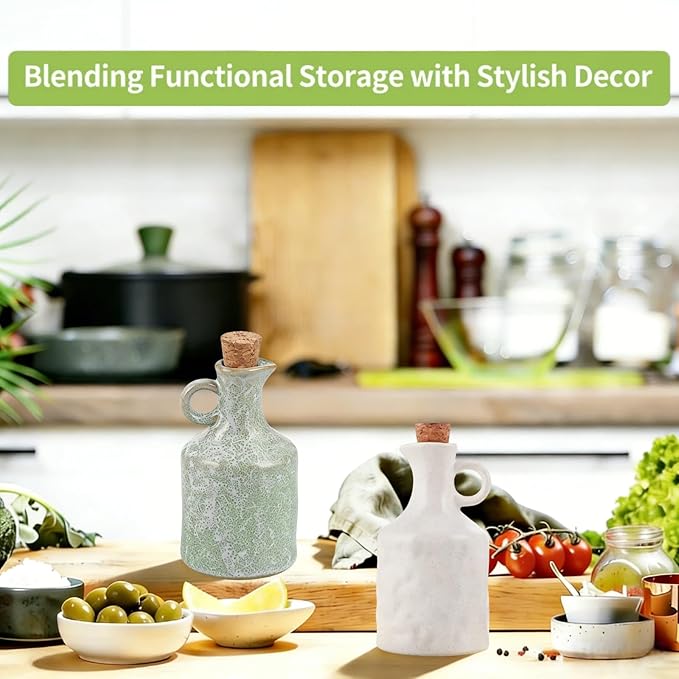MDLUU Ceramic Olive Oil Vinegar Dispenser Bottle with Cork Stopper, 13.5 oz Porcelain Clay Small Opaque Oil Cruets with Funnel, Set of 2 (Green and White)