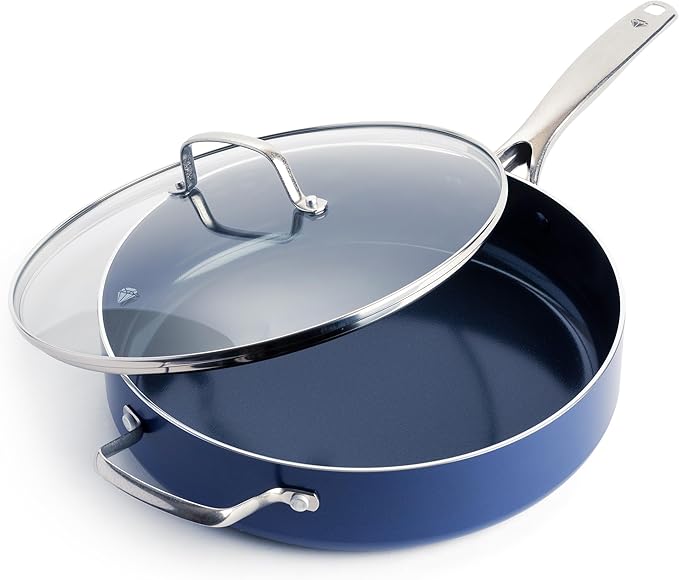 Blue Diamond 5QT Saute Pan with Lid, Non Toxic PFAS-Free Diamond Ceramic Nonstick, Dishwasher & Oven Safe, Metal Utensil Safe, Deep Jumbo Cooker Skillet with Helper Handle, Glass Lid, Blue by BlueDiamondCookware