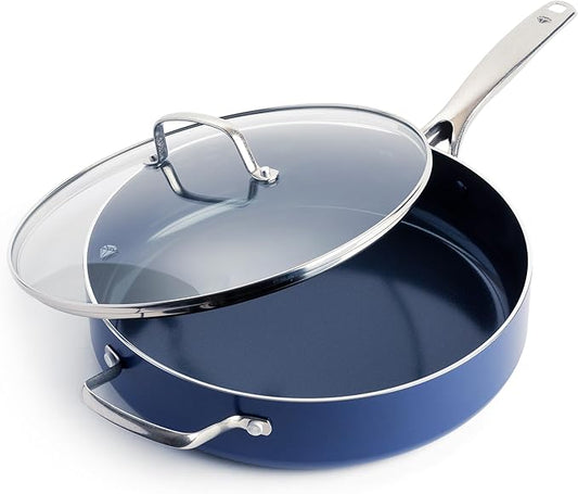 Blue Diamond 5QT Saute Pan with Lid, Non Toxic PFAS-Free Diamond Ceramic Nonstick, Dishwasher & Oven Safe, Metal Utensil Safe, Deep Jumbo Cooker Skillet with Helper Handle, Glass Lid, Blue by BlueDiamondCookware