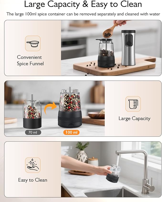 Electric Salt and Pepper Grinder Set, Upgraded 2-Speed Setting, External 5 Adjustable Coarseness, Battery Display Rechargeable Base, Stainless Steel Automatic Salt & Pepper Shakers Mill with LED Light - Image 6
