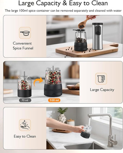 Electric Salt and Pepper Grinder Set, Upgraded 2-Speed Setting, External 5 Adjustable Coarseness, Battery Display Rechargeable Base, Stainless Steel Automatic Salt & Pepper Shakers Mill with LED Light - Image 6