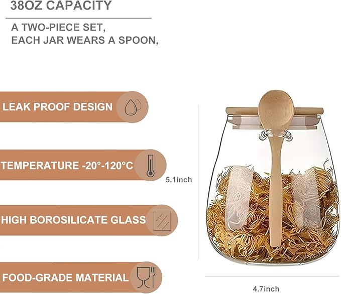 Airtight glass jar storage container with bamboo lid Set of 2, wide mouth, leak-proof, With a spoon, can be used for coffee beans, tea leaves, grains, dried fruits, etc (Large*2PCS) - Image 2