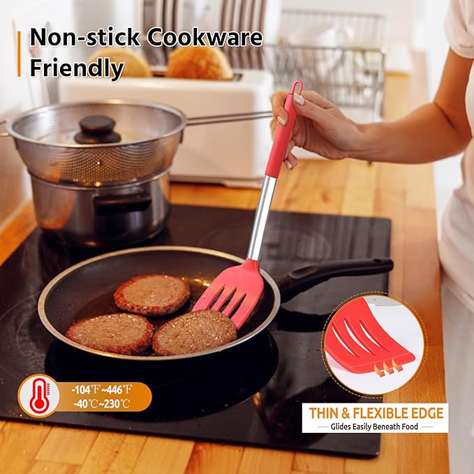 Cooking Utensils Set of 4, E-far Silicone Kitchen Utensils for Non-stick Cookware, Heat Resistant & Non-toxic Slotted Spatula Solid Spoon Turner for Flipping Mixing Serving Basting(Red) - Image 5