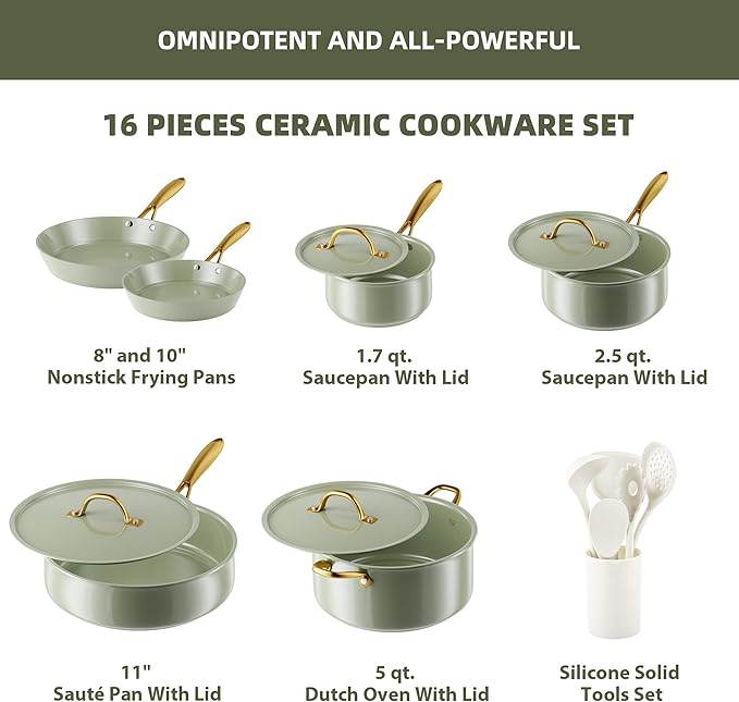 VONIKI Ceramic Cookware Set - Nonstick Pots and Pans With Kitchen Utensils, Non-Toxic, Induction Compatible, Dishwasher and Oven Safe - Image 2