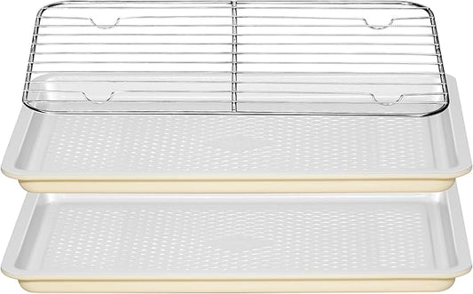 Nonstick Ceramic Baking Sheet with Rack, 2-Pack 13x9 Quarter Sheet Pan,(External 10x14), Non-Toxic PTFE & PFOA Free Warp-Free Oven Safe 550°F Dishwasher Safe, Aluminized Steel, Gray Yellow