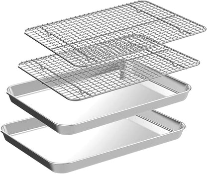 Quarter Sheet Pan with Cooling Rack Set [2 Baking Sheets + 2 Baking Racks], CEKEE Stainless Steel Cookie Sheets for Baking and Wire Rack - Rust & Warp Resistant & Nonstick, Size 12 x 9.8 x 1 Inch by CEKEEBakingEasilyHappily