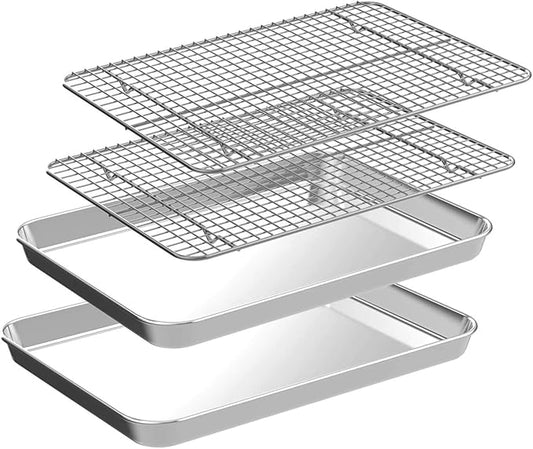 Jelly Roll Pan with Cooling Rack Set [2 Baking Pans + 2 Baking Racks], CEKEE Stainless Steel Baking Sheet Tray with Wire Rack Set, Commercial Quality, Rust Proof & Nonstick, Size 15.94 x 12 x 1 Inch by CEKEEBakingEasilyHappily
