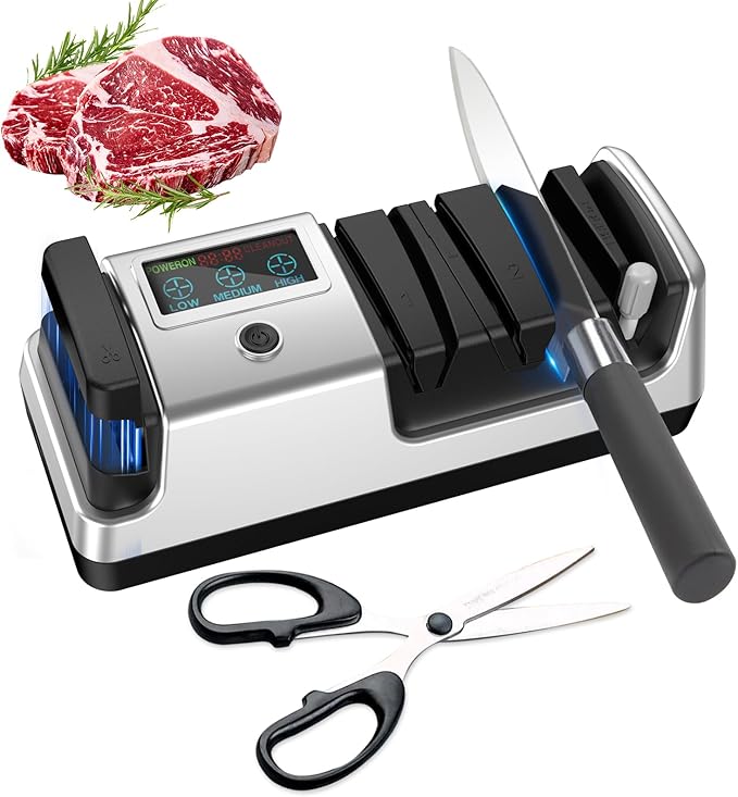 Upgrade 5-in-1 Electric Knife Sharpener, Professional 3-Stage with LCD Screen, 100% Diamond Abrasives, 3 Rotational Speed Adjustable, knife sharpener for Straight, Serrated, Meat Cleaver, Scissors by Abledn