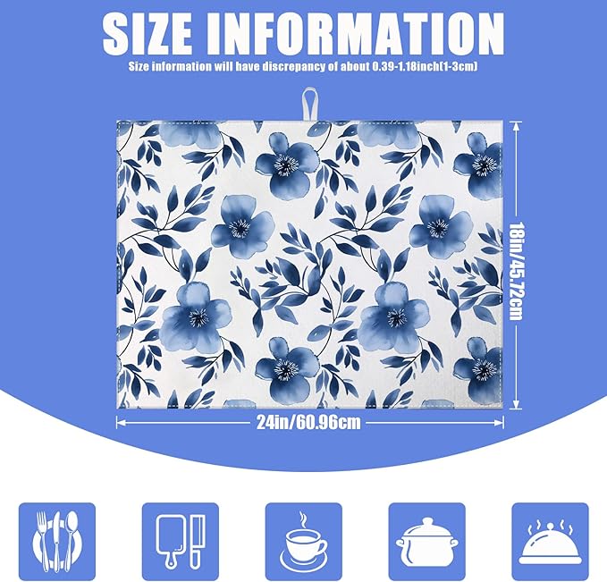 Blue Floral Dish Drying Mat for Kitchen Counter Flower Leaves Drying Pad Absorbent Reversible Dish Drainer Rack Mats Draining Pad 18"x24"Inch - Image 2