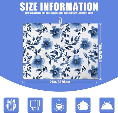 Blue Floral Dish Drying Mat for Kitchen Counter Flower Leaves Drying Pad Absorbent Reversible Dish Drainer Rack Mats Draining Pad 18"x24"Inch - Image 2