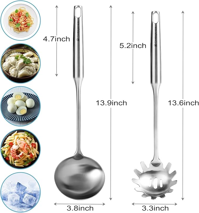 Stainless Steel Soup Ladle and Spaghetti Spoon Set - Large Ladle Spoon, Pasta Strainer, Durable Kitchen Cooking Utensils for Stirring, Serving Pasta, Soup & Sauce，Christmas Gifts - Image 5