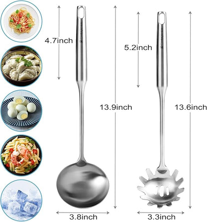 Stainless Steel Soup Ladle and Spaghetti Spoon Set - Large Ladle Spoon, Pasta Strainer, Durable Kitchen Cooking Utensils for Stirring, Serving Pasta, Soup & Sauce，Christmas Gifts - Image 5