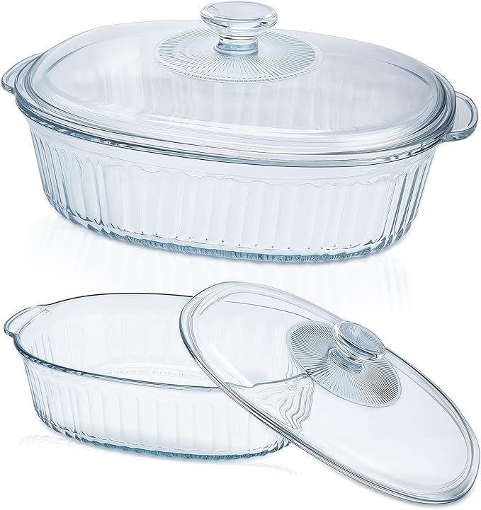 Glass Baking Dishes for Oven, 2 Pack Casserole Dishes with Lid, Oval Baking Dish Set for Lasagna Casseroles Leftovers Cooking Kitchen, 1.9 Qt and 3 Qt, Clear by KAKO