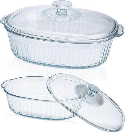 Glass Baking Dishes for Oven, 2 Pack Casserole Dishes with Lid, Oval Baking Dish Set for Lasagna Casseroles Leftovers Cooking Kitchen, 1.9 Qt and 3 Qt, Clear by KAKO