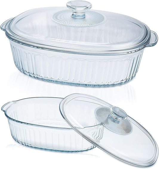 Glass Baking Dishes for Oven, 2 Pack Casserole Dishes with Lid, Oval Baking Dish Set for Lasagna Casseroles Leftovers Cooking Kitchen, 1.9 Qt and 3 Qt, Clear by KAKO