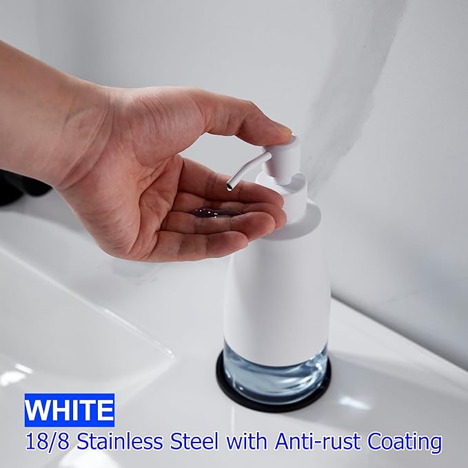 Gaussra White Soap Dispenser with Coaster and Stickers, Stainless Steel and Glass Bottle Hand Pump Dispenser, Refillable Liquid Hand Soap Dispenser for Bathroom & Kitchen (11OZ / 320ML) - Image 8