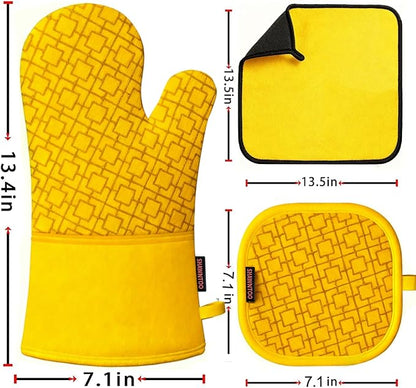 Oven Mitts and Pot Holders Sets 6pcs, Kitchen Oven Glove,High Heat Resistant 550 Degree Extra Long Oven Mitts and Potholders with Non-Slip Silicone Surface for Home Essentials (Grey) (Yellow) - Image 2