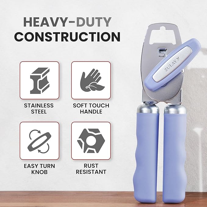 Zulay Kitchen Heavy Duty Stainless Steel Can Opener Manual with Bottle Opener - Rust Proof Manual Can Opener With Turn Knob & Comfy Soft Grip Handles - Periwinkle - Image 3