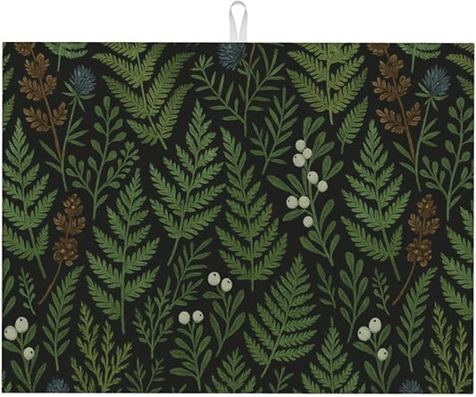 Black Sage Green Plant Dish Drying Mats for Kitchen Counter, Large 18"x24" Dish Mats for Drying Dishes, Microfiber Absorbent Dish Drying Pad Rack Mat Kitchen Decor Reusable Washable