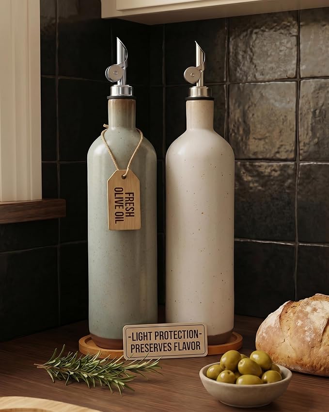 17 oz Ceramic Olive Oil Dispenser for Kitchen, 500ml Porcelain Oil Container with Stainless Spout, Premium Cruet for Cooking, Vinegar, Salad, Air Fryer - Sage Green
