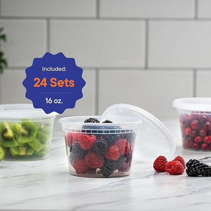 Stack Man [60-Sets] Plastic Deli Food Storage Containers with Airtight Lids Combo Set | 32 oz | 16 oz | 8 oz. | Disposable Plastic Takeout Containers for Soup - Freezer, Microwave and Dishwasher Safe