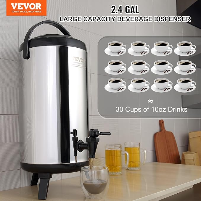 VEVOR Stainless Steel Insulated Beverage Dispenser, 2.4 Gallon 9.2 Liter, Thermal Hot and Cold Drink Server Dispenser with Spigot Handle, Food-grade for Hot Tea Coffee Water Restaurant Drink Shop - Image 2