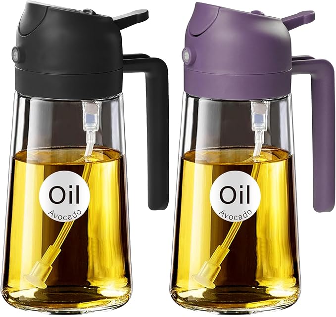 YARRAMATE 2Pcs 16oz/470ml Glass Olive Oil Sprayer for Cooking with Stickers, 2 in 1 Oil Dispenser for Kitchen Gadgets, Food Grade Premium Spray Bottle with Portion Control for Salad, BBQ(Black&Purple) by YARRAMATE
