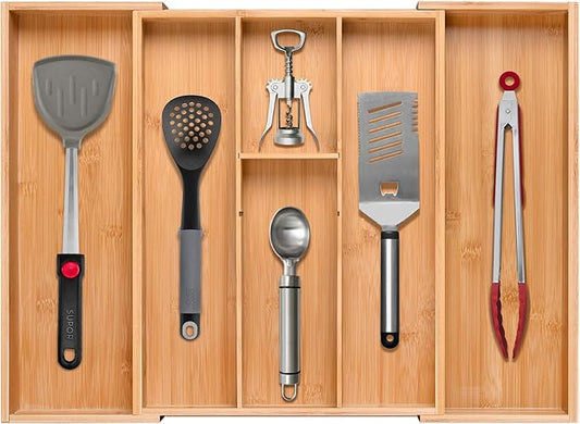 guiogc Bamboo Silverware Organizer, Expandable Kitchen Drawer Organizer and Utensil Organizer, Cutlery Tray with Drawer Dividers for Kitchen Utensils and Flatware, Bedroom, Living Room (Natural)