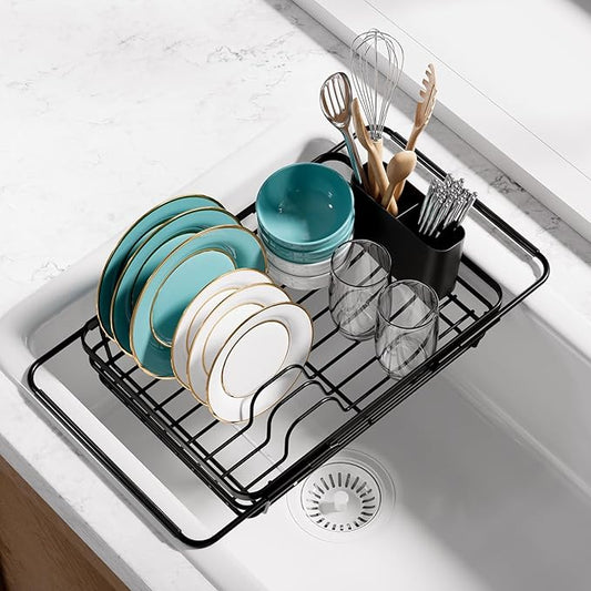 Sakugi Dish Drying Rack in Sink - Expandable Stainless Steel Dish Rack Over The Sink, Kitchen Sink Drain Strainer with Cutlery Holder & Cup Holders, 15.2 x 10.0 x 4.2 Inch, Black by Sakugi
