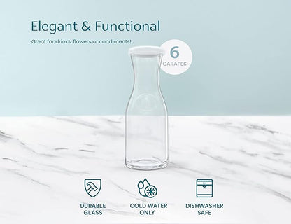 Glass Carafe Pitchers, by Kook, Mini Carafes- set of 6, Beverage Dispensers, Clear Jugs For Mimosas, Water, Wine, Milk and Juice, with Plastic Lids, Dishwasher Safe 17.3 oz - Image 7