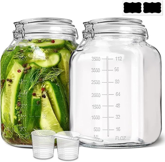 ComSaf 1 Gallon Square Glass Jars with Airtight Lids (135oz, Set of 2), Extra-Wide Mouth Canisters with Measurement Marks for Bulk Flour Storage, Fermenting Kombucha & Pickling by ComSaf