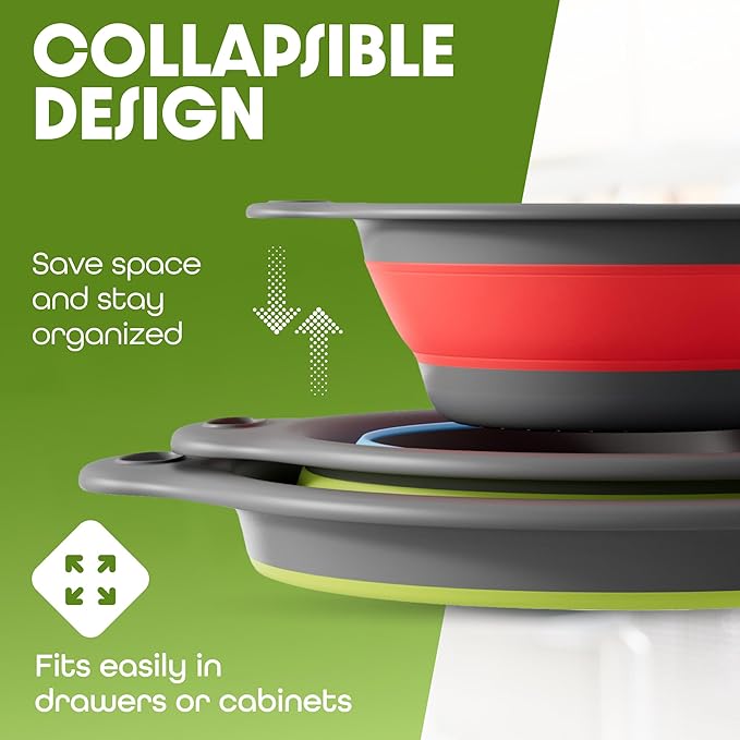 Gevoli Collapsible Colanders with Self-Draining Base for Edge of Sink, Food Strainers (Small/Med/Large), Nested Design for Easy Storage (Red, Blue, Green) (4PC Set) - Image 5