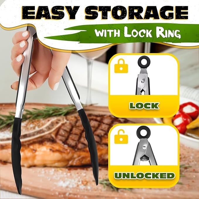 Kitchen Tongs Set of 3-7/9/12" Silicone Tipped Tongs for Cooking with Stainless Steel Build for Heat Resistant Handling, Non Stick & Easy-Lock Storage – Versatile Set for Meat Flipping & Salad Prep - Image 5