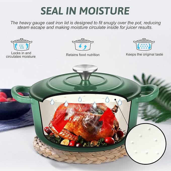 TeamFar Enameled Cast Iron Dutch Oven - 3QT Small Dutch Oven Pot with Lid - Heavy Duty Cast Iron Pot Cookware for Bread Baking, Braising, Stewing, Roasting, Basil Green - Image 3