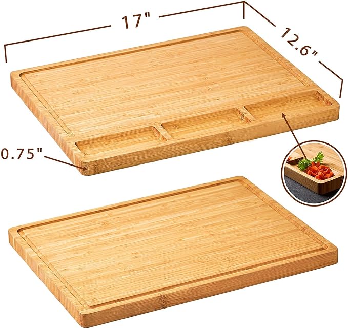 Large Bamboo Wood Cutting Board for Kitchen, Cheese Charcuterie Board with 3 Built-in Compartments and Juice Grooves, Butcher Block (17x12.6") - Image 6