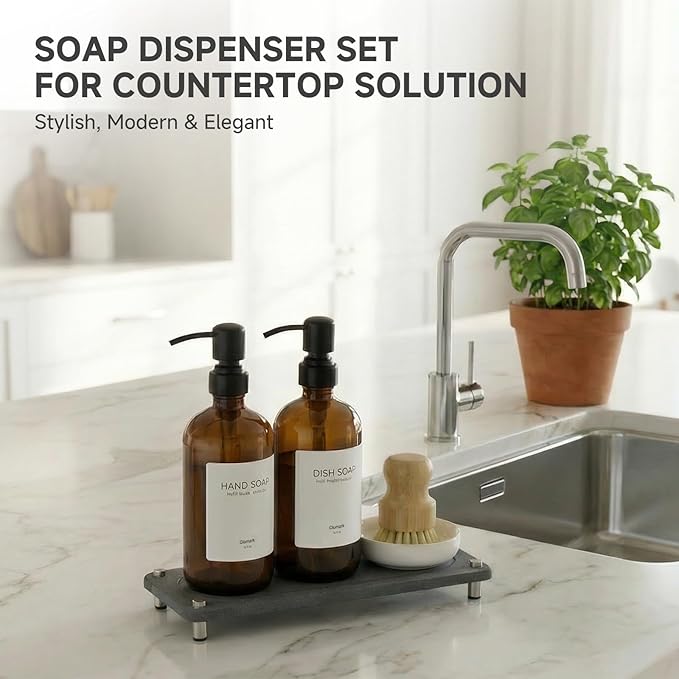 2 Pack Kitchen Soap Dispenser Set - 16oz Amber Glass Dish and Hand Soap Dispenser with Stainless Steel Pump, Instant Dry Tray, Dish Brush & Holder, Refillable Countertop Sink Decor for Kitchen & Bath - Image 7