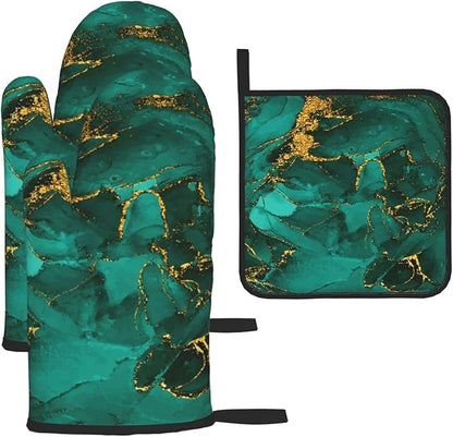 Turquoise Marble Oven Mitts and Pot Holders Sets of 3 Emerald Dark Green Hot Pads Heat Resistant Non Slip Washable for Cooking Grilling Baking BBQ Kitchen Decor by Unknown