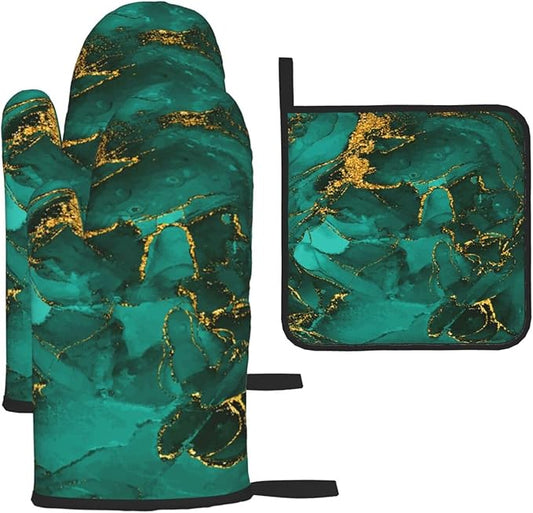 Turquoise Marble Oven Mitts and Pot Holders Sets of 3 Emerald Dark Green Hot Pads Heat Resistant Non Slip Washable for Cooking Grilling Baking BBQ Kitchen Decor by Unknown