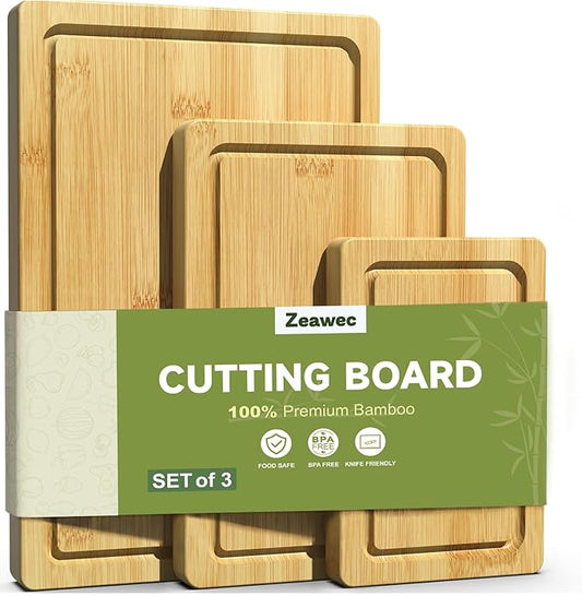 3-Piece Set Bamboo Cutting Board for Kitchen - Crack-Resistant Wood Chopping Boards with Deep Juice Grooves, Pre-Oiled Butcher Block for Meat, Vegetables & Cheese, Natural by Unknown