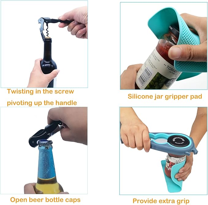 Otstar Jar Opener & Bottle Opener Set for Weak Hands - Multi-Function Kitchen Opener Tool for Seniors with Arthritis, Elderly - Includes Jar Lid Gripper Pad, Corkscrew Opener - Image 7