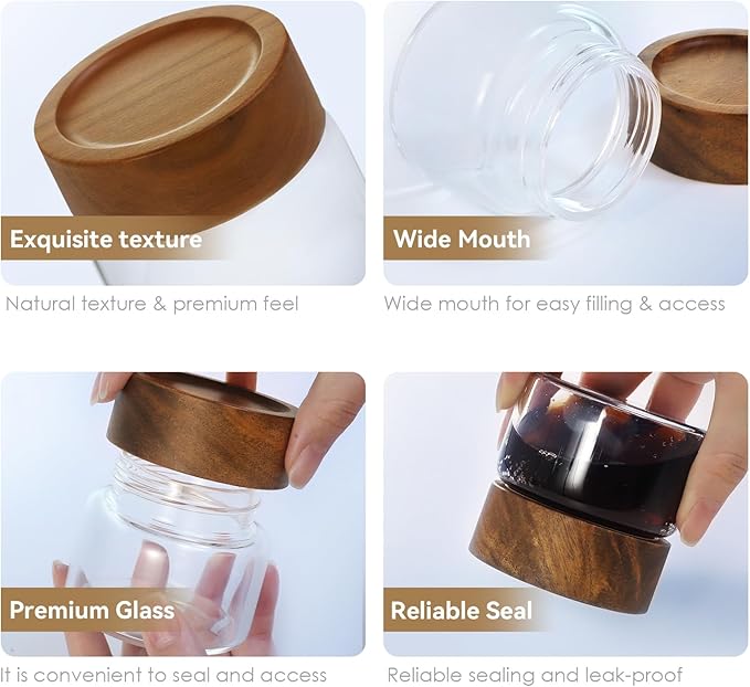 6-Pack 4 fl oz Stackable Airtight Glass Jars (with Acacia Wood Lids + Sticker Labels) – Small Mason Jars designed for overnight oats, spices, dry goods, and kitchen organization.