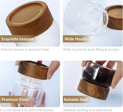 6-Pack 4 fl oz Stackable Airtight Glass Jars (with Acacia Wood Lids + Sticker Labels) – Small Mason Jars designed for overnight oats, spices, dry goods, and kitchen organization.