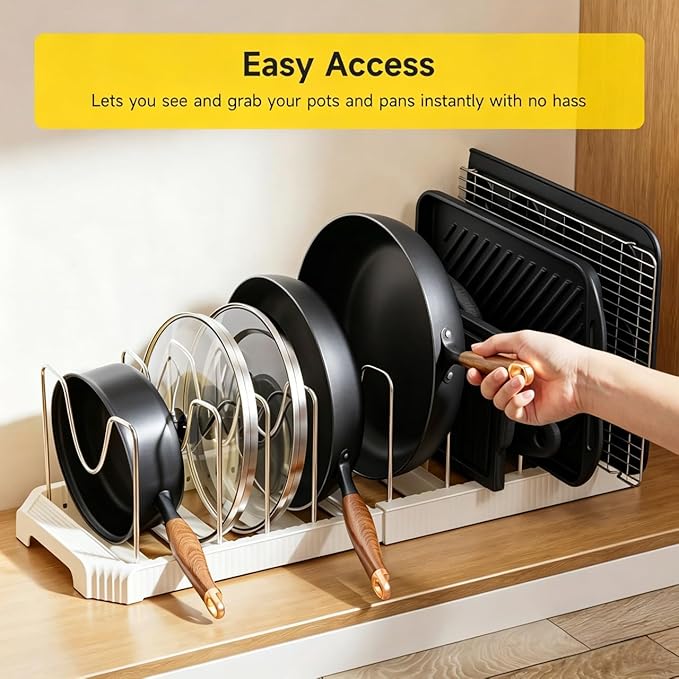 MUDEELA Pots and Pans Organizer under Cabinet, Pot Rack with Expandable Pot Lid Organizers Holder for 10 Adjustable Dividers, Pan Organizers inside Cabinet for Pan Lids, Cutting Boards, Baking Sheets - Image 8