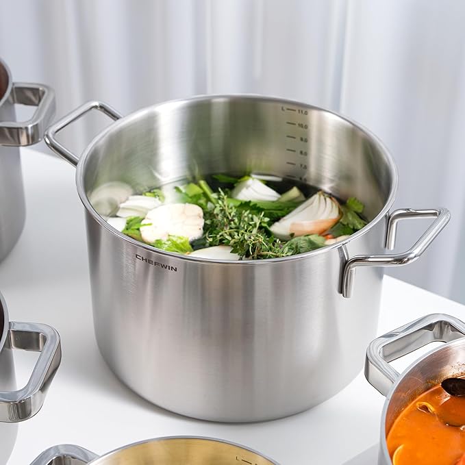 316 Stainless Steel 12.7 Quart Heavy Duty Stock Pot with Lid Deep Cooking Pot, 5Ply, Induction Cookware, Dishwasher Safe