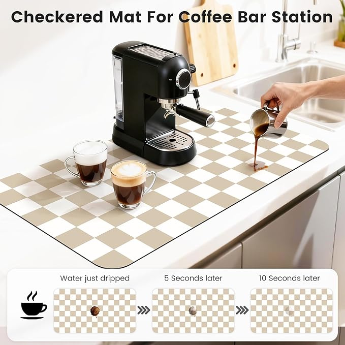 17" x 32" Checkered Dish Drying Mat for Kitchen Counter, Absorbent Coffee Bar Mat for Espresso Machine Coffee Countertops Accessories, Beige - Image 3