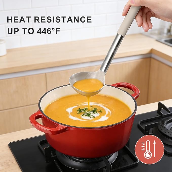 Onader Silicone Cooking Utensils Set of 15, Kitchen Utensils Set with Holder for Nonstick Cookware, 446°F Heat Resistant Stainless Steel Handle - Khaki - Image 7