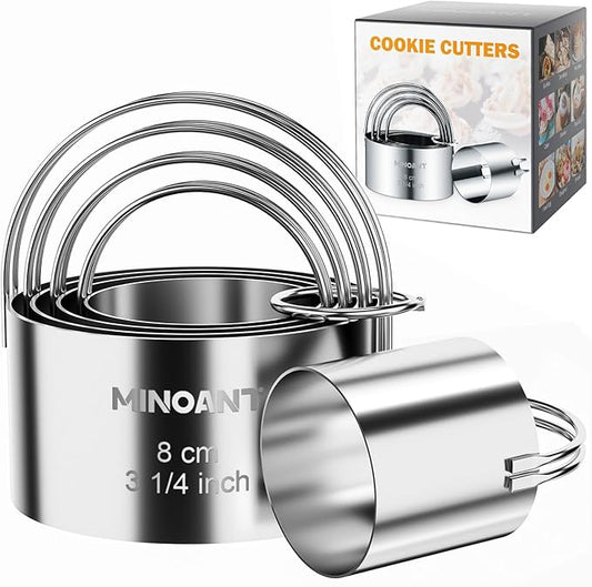 Round Cookie Cutters with Handle - Donut Hole Cookie Biscuit Cutter Set(5 Pieces/Set), Stainless Steel Circle Cutters Donut Cutter Mold Tool with Ring for Baking, Biscuits, Cakes, Sandwiches by MINOANT